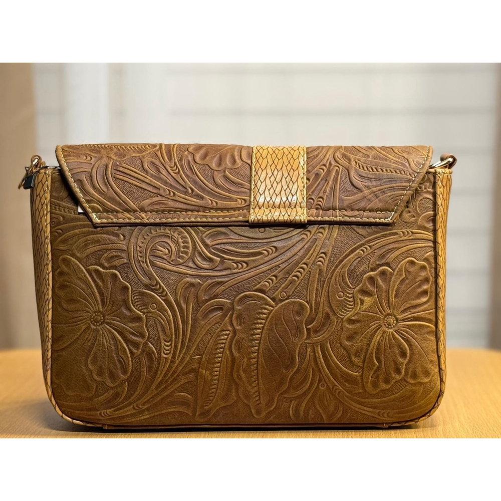 2 Straps Hazelnut Brown Embossed Tooled Artisan LEATHER Crossbody Purse Bolsa - Picture 10 of 16
